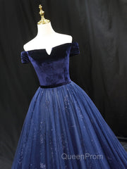 A-Line Blue Tulle Velvet Long Evening Prom Dresses, Blue Formal Evening Dresses
