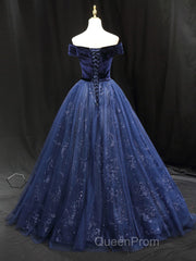 A-Line Blue Tulle Velvet Long Evening Prom Dresses, Blue Formal Evening Dresses