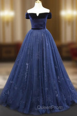 A-Line Blue Tulle Velvet Long Evening Prom Dresses, Blue Formal Evening Dresses