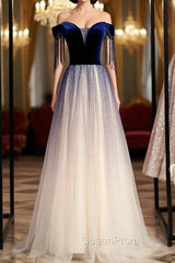 A-Line Blue Velvet Spagehtti Straps Beading Evening Prom Dresses
