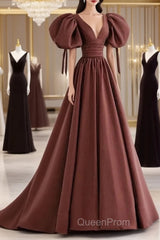 A-Line Brown Satin Ball Gown Short Sleeves Long Party Dresses V-Neckline Evening Prom Dresses