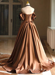 A-Line Brown Satin Off Shoulder Scoop Long Evening Prom Dresses, Satin Evening Dresses