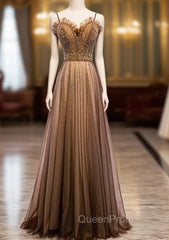 A-Line Brown Tulle Spagehtti Straps Beading Sequins Evening Prom Dresses