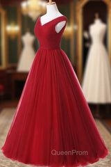 A Line Burgundy Long V-neck Tulle Evening Prom Dresses