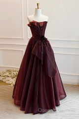 A-Line Burgundy Organza Burgundy Long Evening Prom Dresses, Burgundy Long Evening Dresses