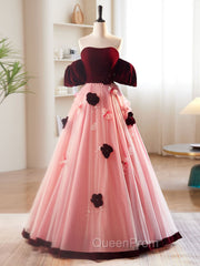 A-Line Burgundy/Pink Tulle Velvet Long Evening Prom Dresses, Burgundy Evening Dresses