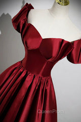 A-Line Burgundy Satin Floor Length Evening Prom Dresses, Off the Shoulder New Party Dresses