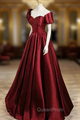 A-Line Burgundy Satin Floor Length Evening Prom Dresses, Off the Shoulder New Party Dresses