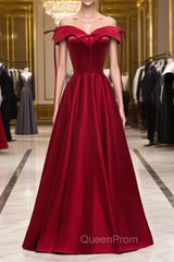 A-Line Burgundy Satin Off the Shoulder Evening Prom Dresses