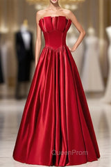 A-Line Burgundy Satin Strapless Pleats Long Evening Prom Dresses
