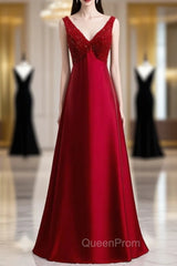 A-Line Burgundy Satin V-neck Beading Evening Prom Dresses