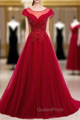 A-Line Burgundy Tulle Cap SLeeve Backless Evening Prom Dresses