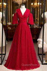 A-Line Burgundy Tulle Deep V-neck Evening Prom Dresses