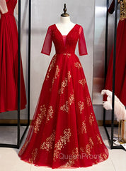 A-Line Burgundy Tulle Gold Sequins V-neck Short Sleeve Evening Prom Dresses