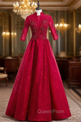 A-Line Burgundy Tulle Lace High Neck Short Sleeve Evening Prom Dresses