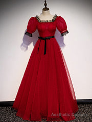 A-Line Burgundy Tulle Puff Sleeve Prom Dress