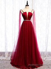 A-Line Burgundy Tulle Saghetti Straps Beading Prom Dress