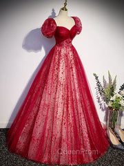 A Line Burgundy Tulle Sequin Long Evening Prom Dresses, Burgundy Evening Dresses