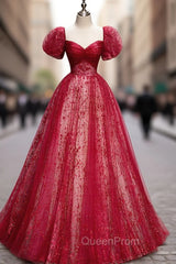 A Line Burgundy Tulle Sequin Long Evening Prom Dresses, Burgundy Evening Dresses