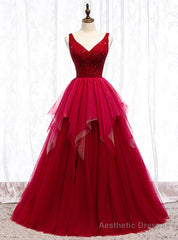 A-Line Burgundy Tulle V-neck Backless Beading Prom Dress