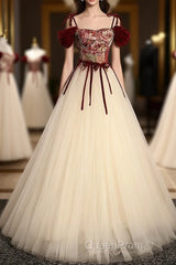 A line champagne long Evening Prom Dresses, champagne tulle formal evening Dresses