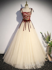 A line champagne long Evening Prom Dresses, champagne tulle formal evening Dresses