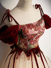 A line Champagne Long Evening Prom Dresses, Champagne Evening Gown With Beading Velvet