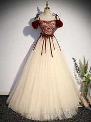 A line Champagne Long Evening Prom Dresses, Champagne Evening Gown With Beading Velvet