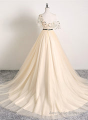 A-line Champagne One Shoulder Prom Dress, Long Party Dress