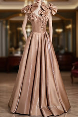 A-line Champagne Satin Bow Evening Prom Dresses