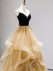 A-Line Champagne Tulle Long Evening Prom Dresses, Velvet Graduation Dresses with Beading