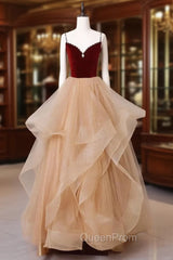 A-Line Champagne Tulle Long Evening Prom Dresses, Velvet Graduation Dresses with Beading