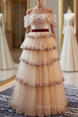 A-Line Champagne Tulle Sequins Beading Off the Shoulder Evening Prom Dresses