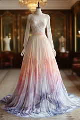 A-Line Chiffon Applique Long Sleeve Wedding Dresses Round Neck Sequin Tulle Long Evening Prom Dresses