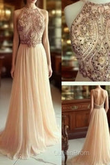 A Line Chiffon Backless Beading, Sequin Long Evening Prom Dresses