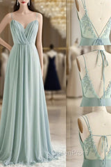 A-Line Chiffon Lace Long Evening Prom Dresses, Green Spaghetti Strap Backless Evening Dresses
