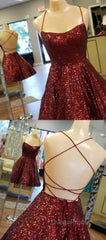 A Line Criss Cross Straps Back Burgundy Sequins Homecoming Dresses