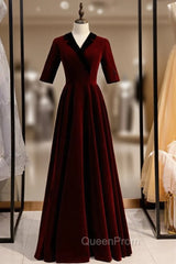 A-Line Dark Burgundy Short Sleeve V-neck Evening Prom Dresses