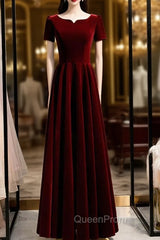 A-Line Dark Burgundy Velvet Short Sleeve Evening Prom Dresses