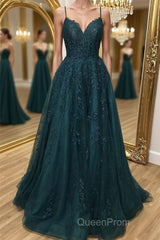 A Line Dark Green Tulle Lace Long Evening Prom Dresses, Dark Green Lace Formal Graduation Evening Dresses