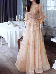 A-Line Glittering Elegant Engagement Formal Evening Dresses High Neck Long Sleeve Floor Length Tulle With Sequin