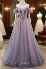 A-line Gray Blue Tulle Beading Evening Prom Dresses