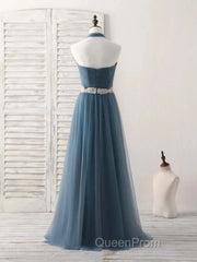 A-Line Gray Blue Tulle Long Bridesmaid Dresses Floor-Length Beading Evening Prom Dresses Elegant