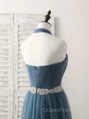 A-Line Gray Blue Tulle Long Bridesmaid Dresses Floor-Length Beading Evening Prom Dresses Elegant