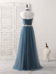 A-Line Gray Blue Tulle Long Bridesmaid Dress Gray Blue Prom Dress