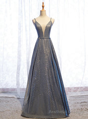 A-Line Gray Deep V-neck Sleeveless Long Prom Dress