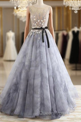 A-Line Gray Rround Neck Tulle Long Evening Prom Dresses Grey Evening Dresses,