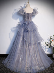A-Line Gray Sequin Long Evening Prom Dresses, Sequin Tulle Formal Evening Dresses