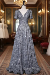 A-Line Gray Sequins V-neck Evening Prom Dresses