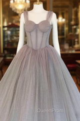 A-Line Gray Sweetheart Neck Long Evening Prom Dresses, Gray Evening Dresses
